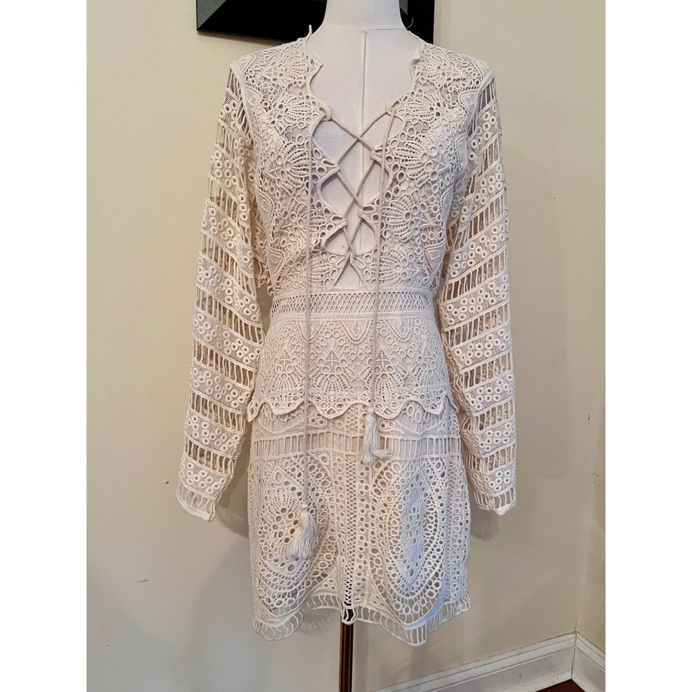 Jens Pirate Booty Isabella Crochet Lace Mini Dress Cream Boho Tassel Small - Picture 2 of 10